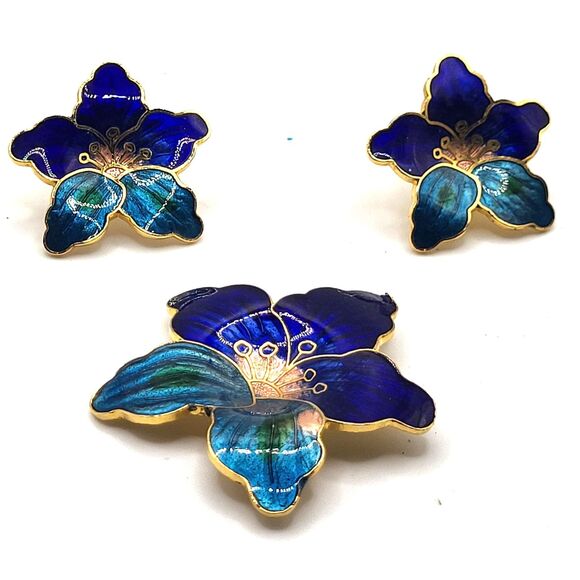 Vintage Cloissoine Demi Parure Floral Blue Enamel Earring & Brooch Pin 1.75in - Picture 2 of 3